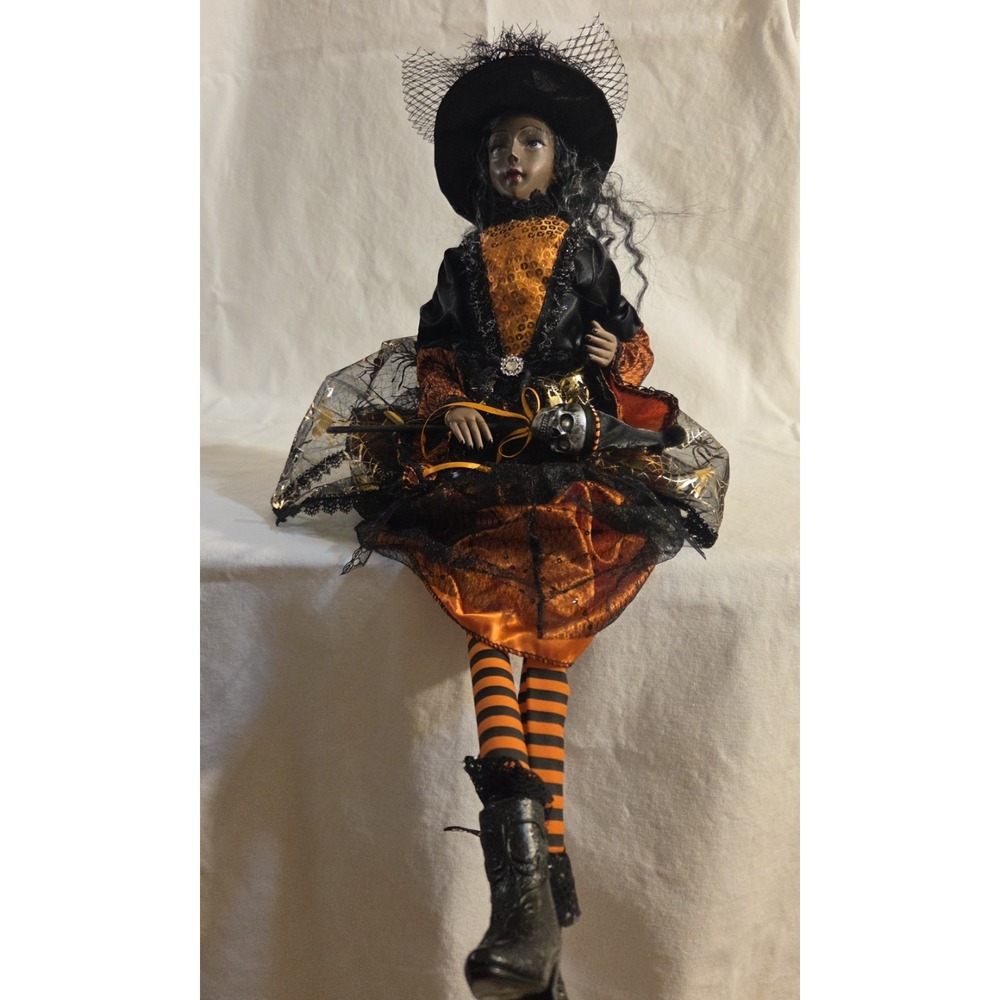 Broomstick Blvd Halloween Witch Doll 30" Shelf Sitter Orange Black Skull Decor